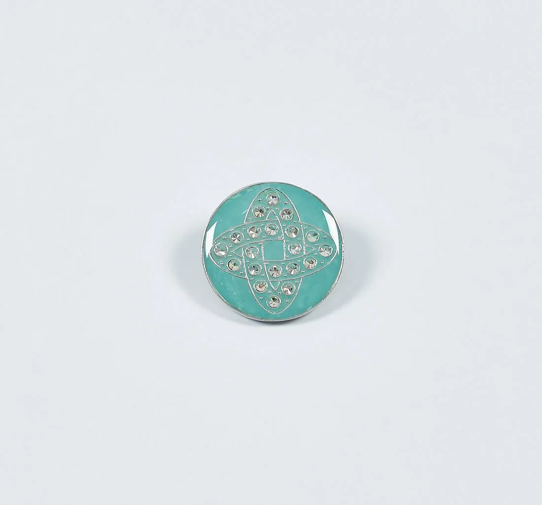 Пуговица металлическая круглая на ножке. Декор "Узел Соломона", стразы Swarovski, эмалевое покрытие. Цвет серебро/синий